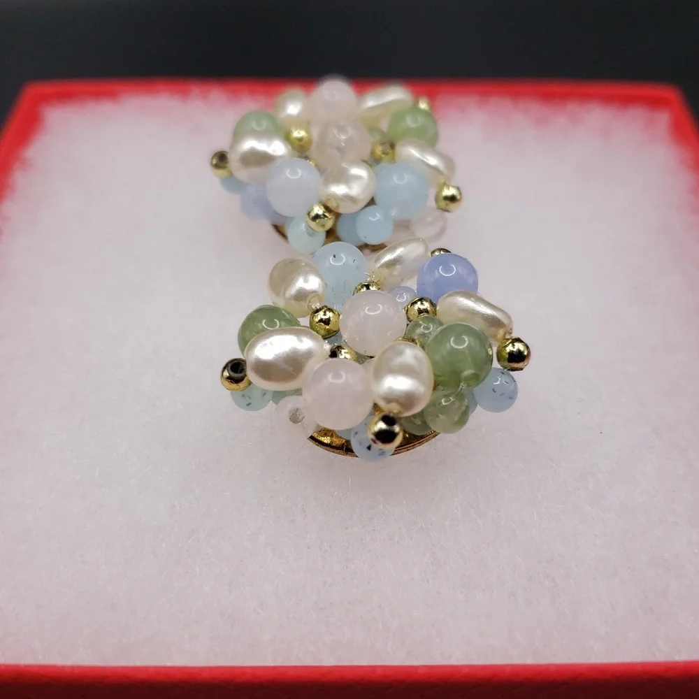 Vintage Pastel Multicolor Bead and Faux Pearl Pierced Earrings
